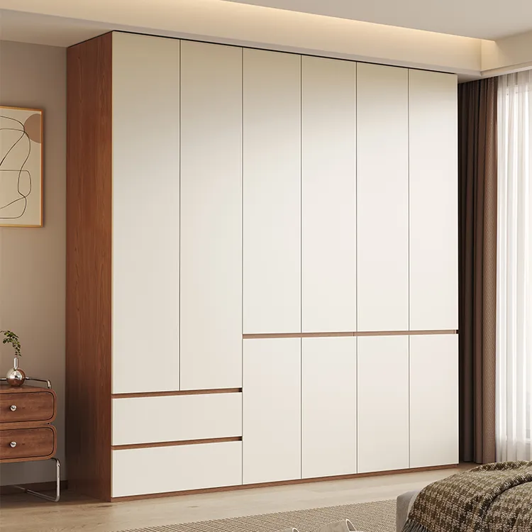 佛山实木衣柜家用卧室分段式一门到顶简约现代组合奶油风边柜四门