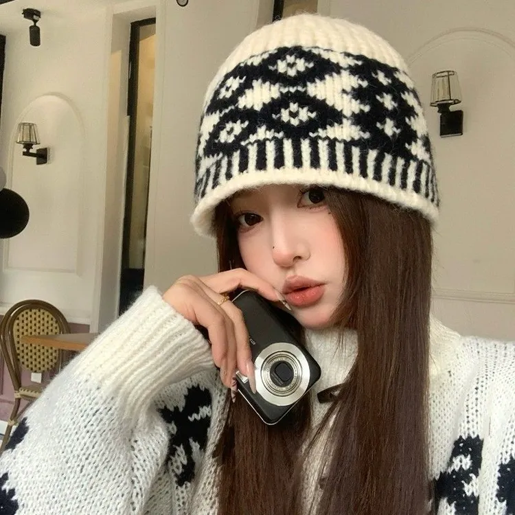 复古菱形格子提花针织帽子女秋冬季保暖渔夫帽韩系小众洋气毛线帽