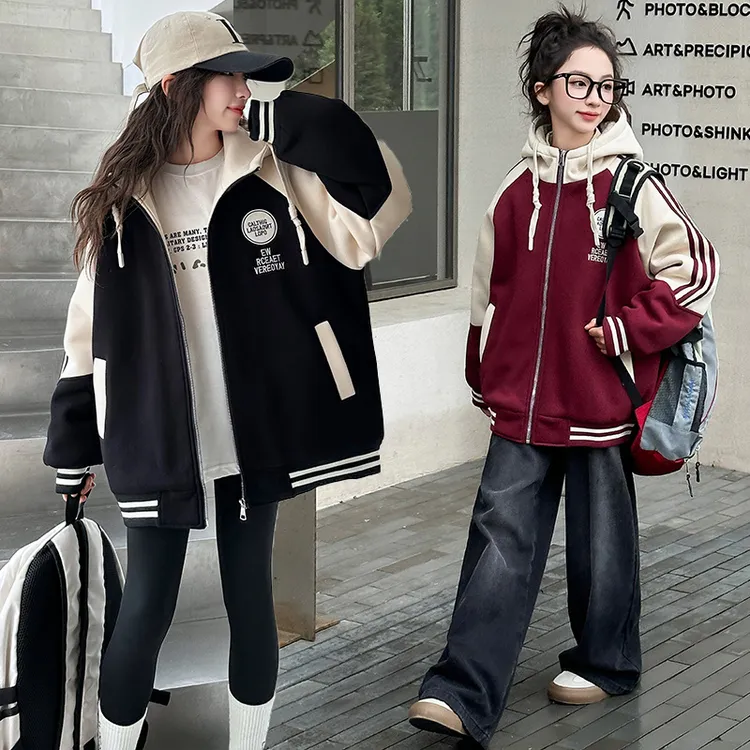 女童春秋冬卫衣外套儿童休闲棒球服2025新款中大童洋气连帽上衣潮