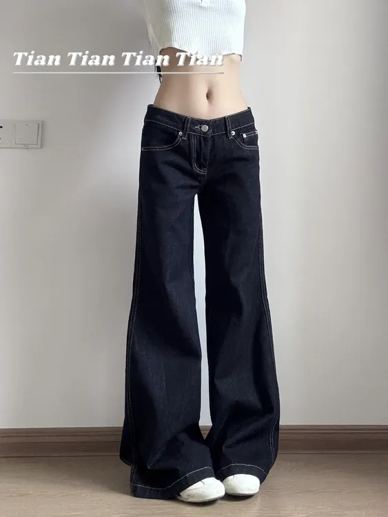 Tian低腰百搭深蓝微喇垂感显瘦不贴腿牛仔拖地裤女