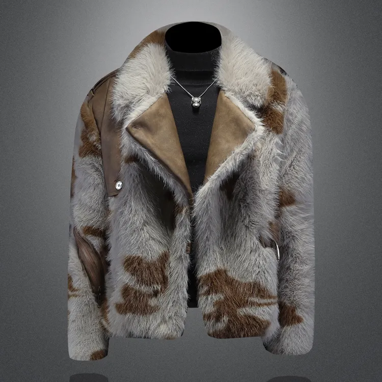 埃卢涅芬仿皮草夹克外套男士皮毛一体冬季派克服保暖翻领加厚上衣