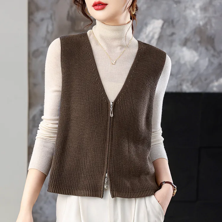 拉链针织开衫马甲背心女士春秋2025新款时尚妈妈外穿V领毛衣坎肩