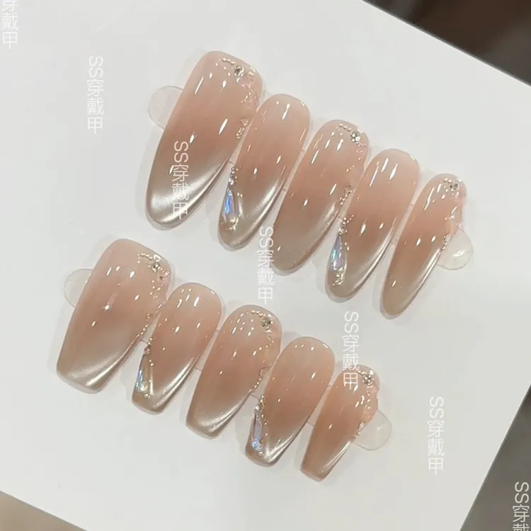 纯手工制作穿戴甲猫眼美甲气质甲片短款显白纯欲简约夏日冰透渐变