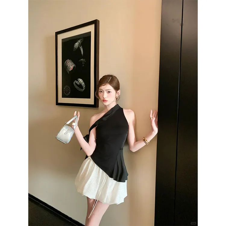 韩系甜美温柔休闲百搭设计感斜肩无袖上衣高腰显瘦花苞半身裙短裙