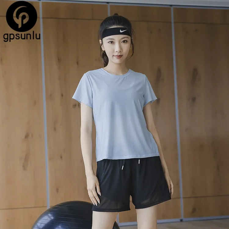 瑜伽服女2025新款速干干冰丝网纱短袖专业晨跑运动套装宽松健身衣