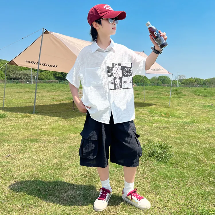 男童夏装套装2025新款儿童夏季短袖男孩休闲夏款中大童衬衫两件套