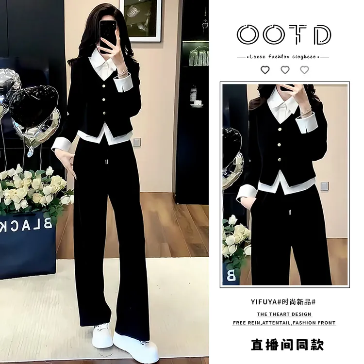 高含棉休闲减龄套装女2025年春秋新款设计感假两件上衣长裤两件套