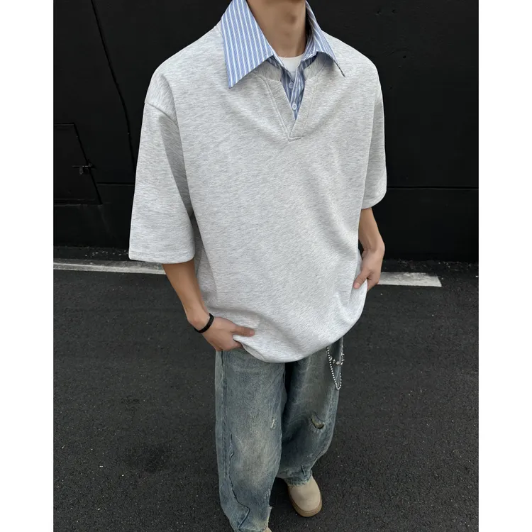 假两件衬衫领短袖t恤男款夏季美式复古潮牌休闲半袖宽松五分中袖