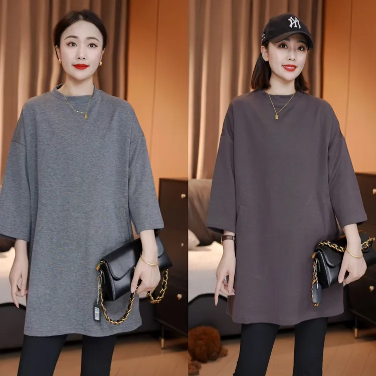 早秋新款 斜插双口袋时尚气质半高领中袖宽松T恤气质遮肉百搭上衣