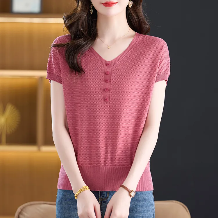 100莱赛尔天丝针织短袖t恤女士2025夏季新款薄款洋气小衫V领上衣