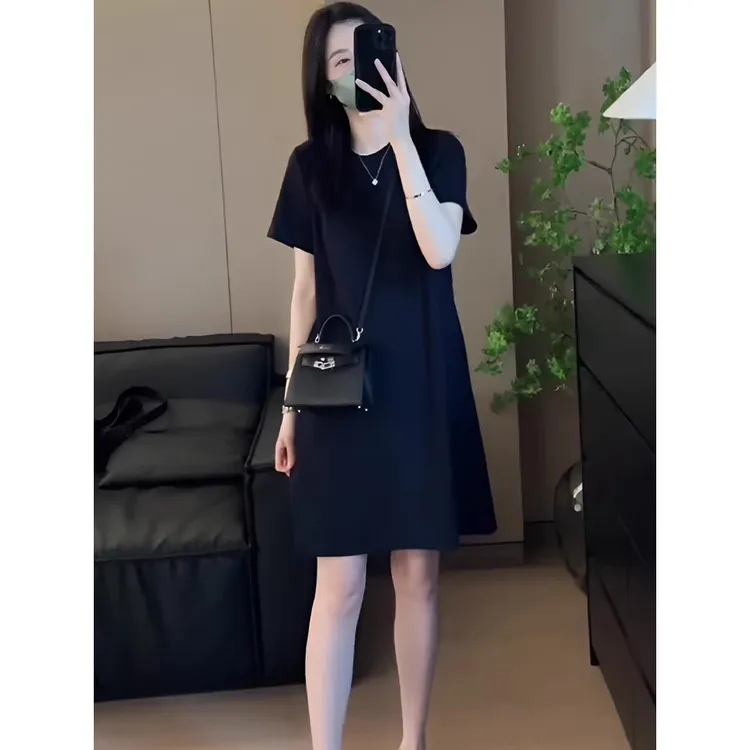法式气质小个子短袖黑色连衣裙2025新款女夏季宽松显瘦休闲中长裙