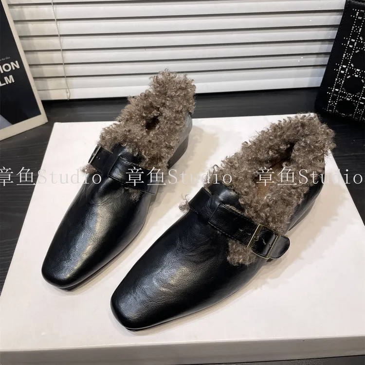 羊羔毛！复古加绒保暖粗跟乐福鞋女秋冬一脚蹬黑色毛毛小皮鞋棉鞋