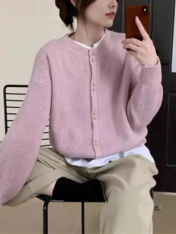 针织毛衣开衫女2025早秋新款慵懒风简约长袖圆领宽松外搭上衣外套