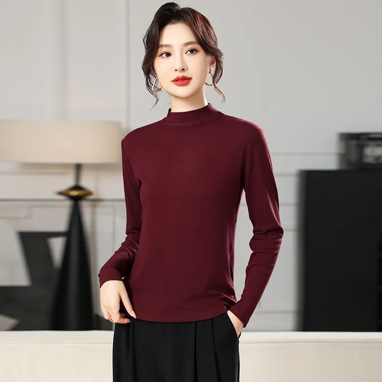 [纯色]长袖女立领弹力棉小立领打底T恤加绒时尚修身秋冬