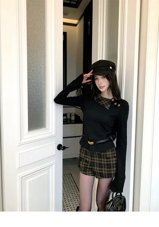 时尚套装针织极简风长袖高领法式辣妹纯欲风上衣性感气质短款裤子