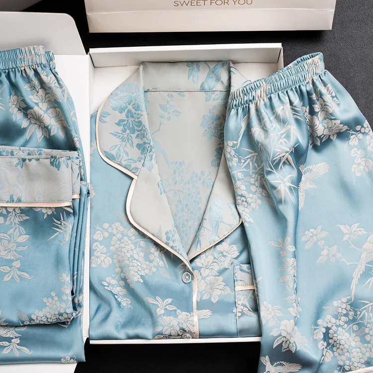 达芬奇密码睡衣女国风蓝印花丛气质套装长袖短袖三件套家居服套装
