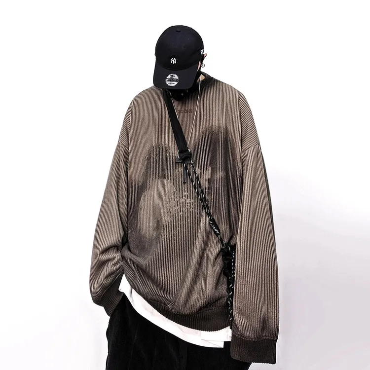 UUCSCC嘻哈潮牌圆领针织毛衣外套宽松复古vintage做旧高级感毛衫