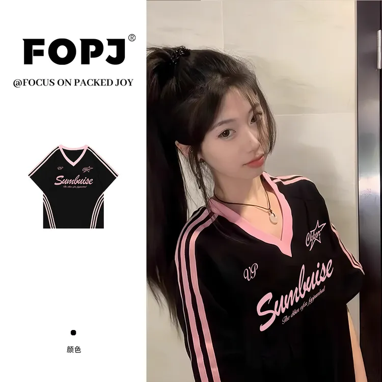 FOPJ夏季美式复古风撞色设计感纯棉短袖t恤女ins休闲百搭半袖上衣