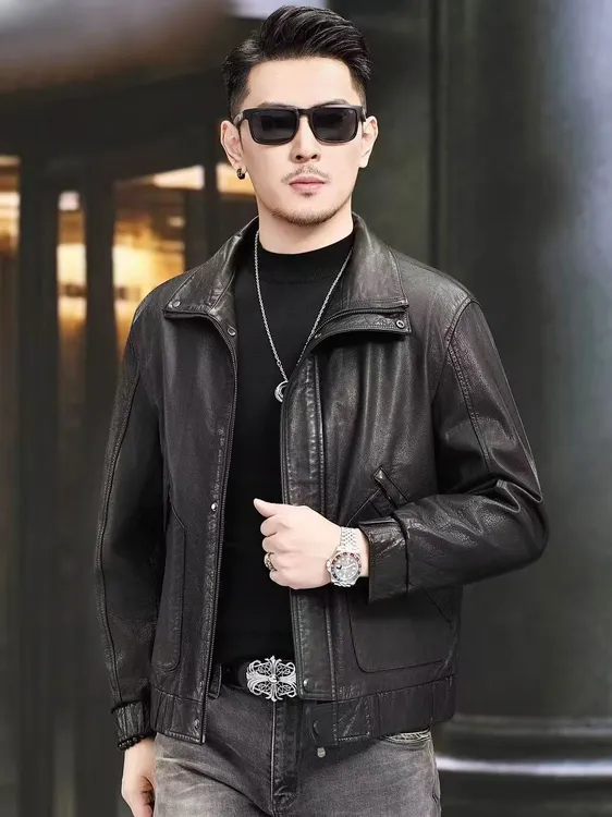 新款头层油蜡小牛皮翻领加绒加厚皮衣【鹅绒内胆款】可立翻领外套