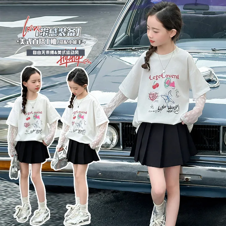 女童t恤夏季2025新款中大童短袖蕾丝防晒上衣儿童洋气夏装4-16岁8