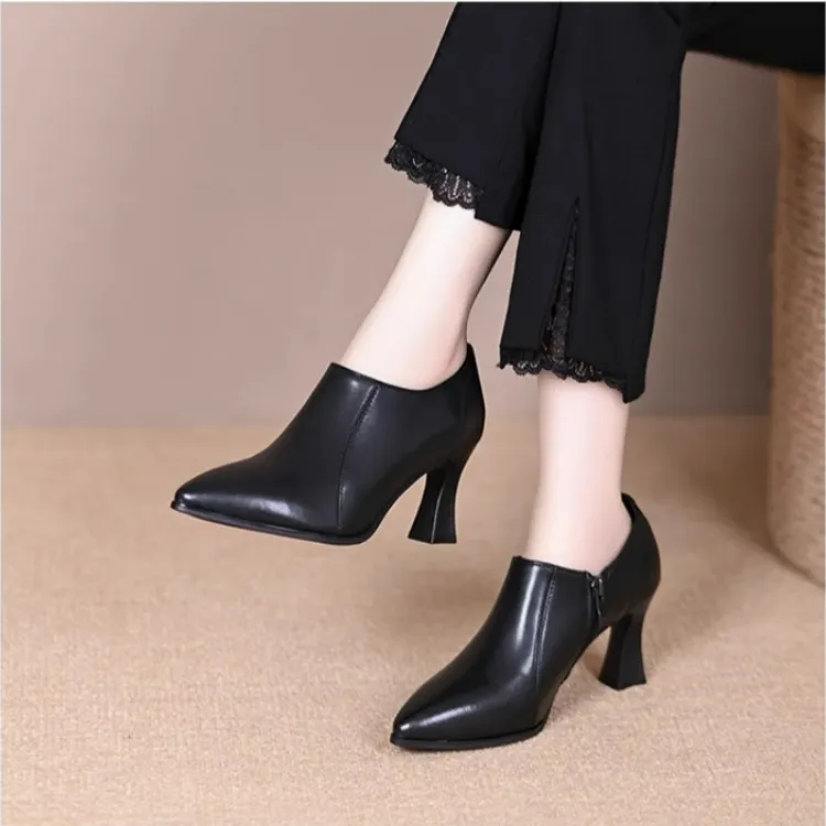 粗跟单鞋女2025年新款尖头深口女士皮鞋春秋季百搭真皮高跟鞋气质