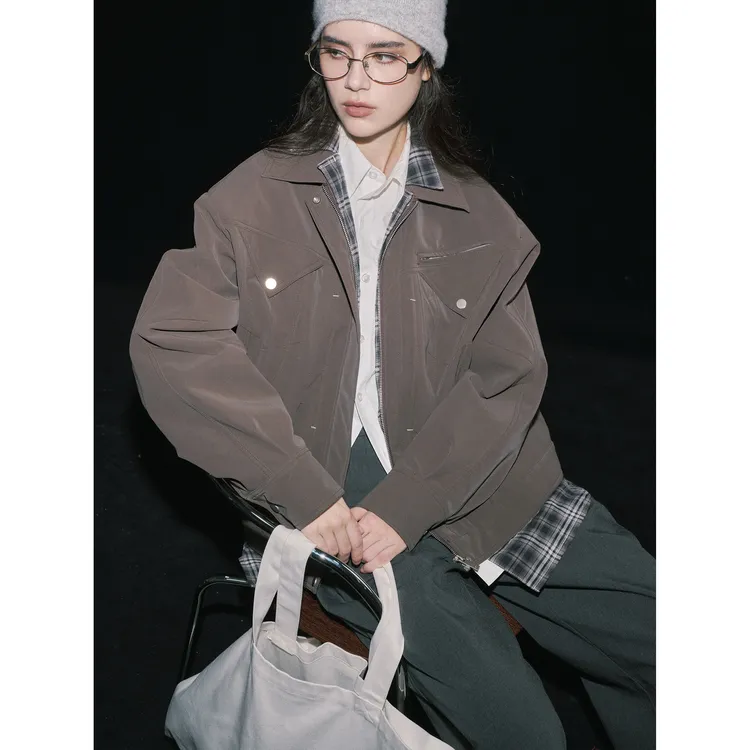 【仿皮夹克】香料怪兽秋冬女复古焦糖色宽肩翻领高级感中性外套