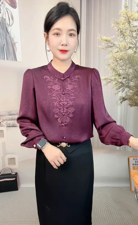 刺绣成人长袖秋季女装提花衬衫港风新中式法式蓝色YBB2551