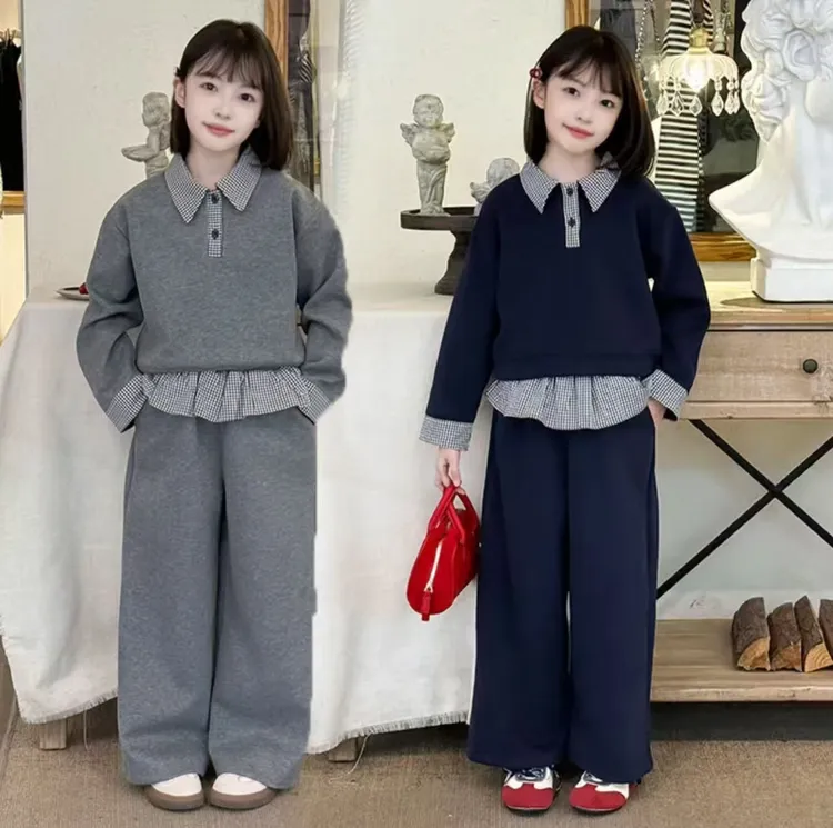 女童秋季套装2025新款韩系中大童假两件拼接卫衣格纹阔腿裤两件套
