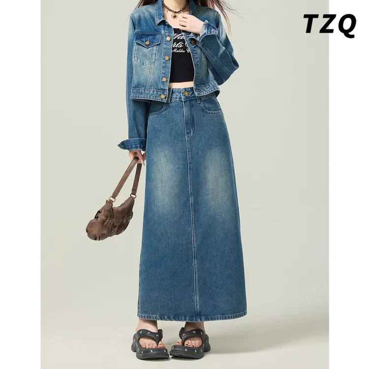 复古牛仔套装女爆款蓝色2025夏装时尚新款通勤半身裙子TZQ2540518