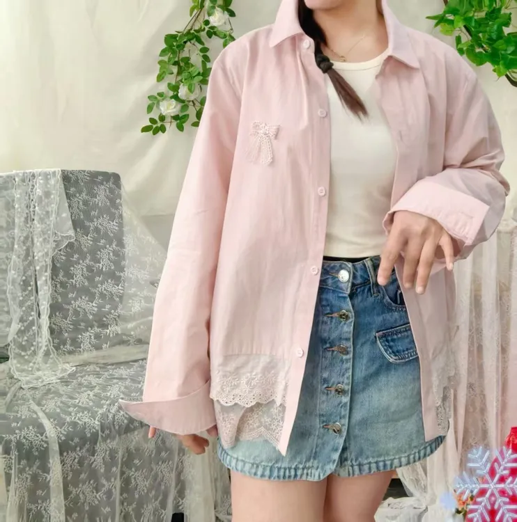 【蝶恋花溪】25107法式气质长袖蕾丝围巾口袋衬衫2025新款显瘦百搭