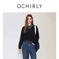 【季末折扣】欧时力 100%澳大利亚进口羊毛V领毛衣女针织秋冬新品