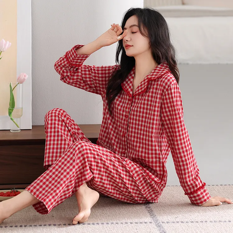 带胸垫睡衣女春秋款梭织纯棉长袖2025新款秋冬薄款全棉格子家居服