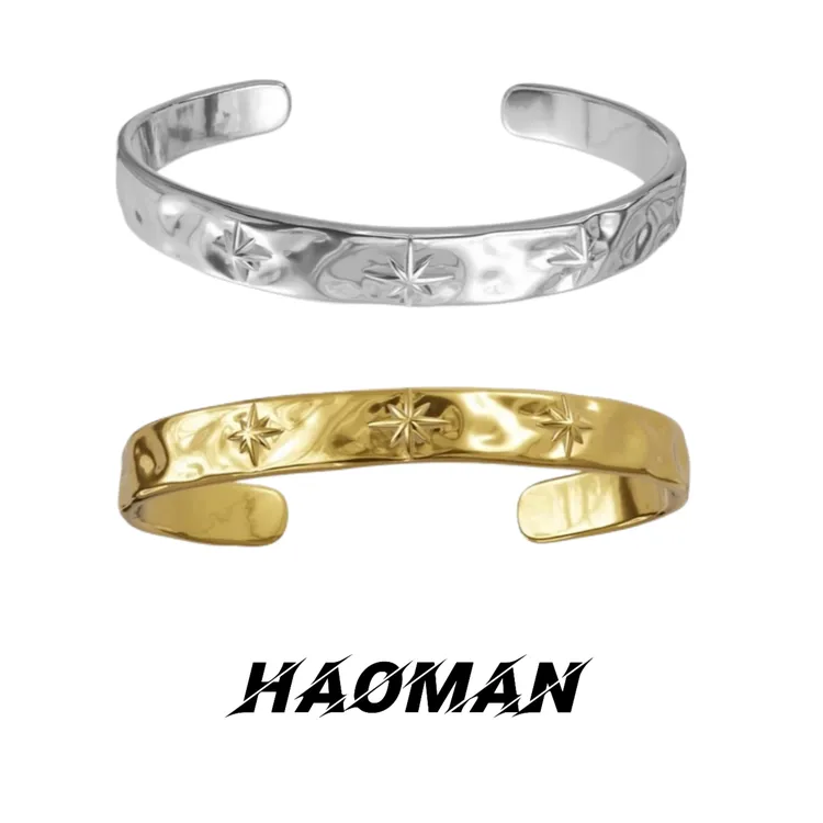 钛钢手镯 不掉色钛钢锤纹星芒手镯古法气质手工精美百搭可调节