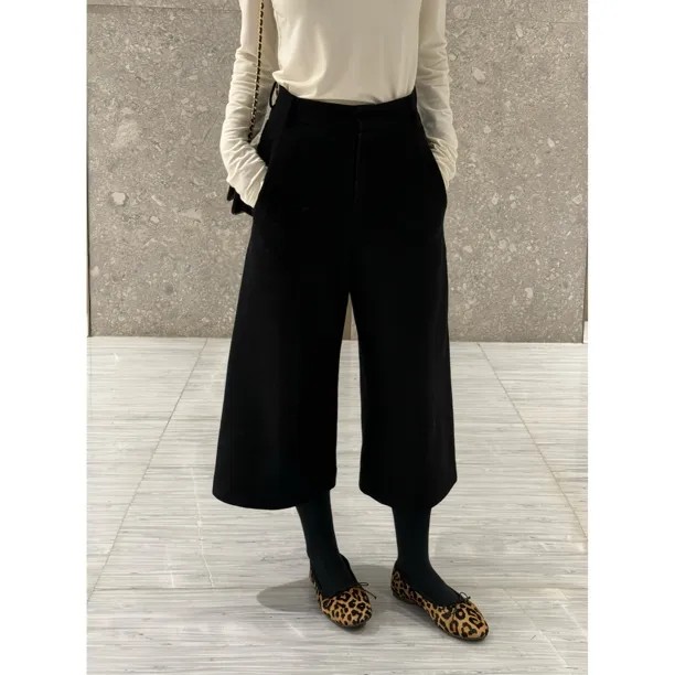【私服裤】MEGANLE 时尚百搭醋酸羊毛混纺黑色八分阔腿裤2025272