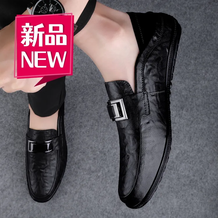 皮鞋男2025新款鞋子夏季透气豆豆鞋男士一脚蹬黑色休闲鞋子男爆款
