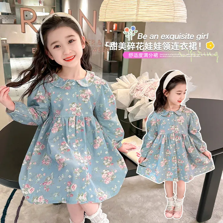 2025新款春季洋气甜美碎花女童连衣裙娃娃领公主裙百搭款时尚裙子