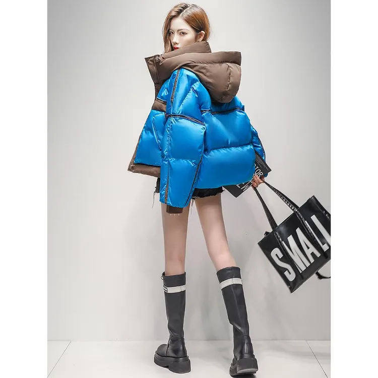 高级感撞色羽绒服女短款2025冬季新款休闲设计感拼接连帽保暖外套