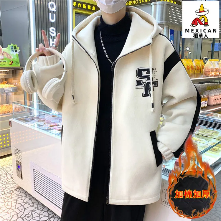 稻草人奥粒绒连帽夹克男生2025秋冬新款加棉加厚青年美式潮牌痞帅