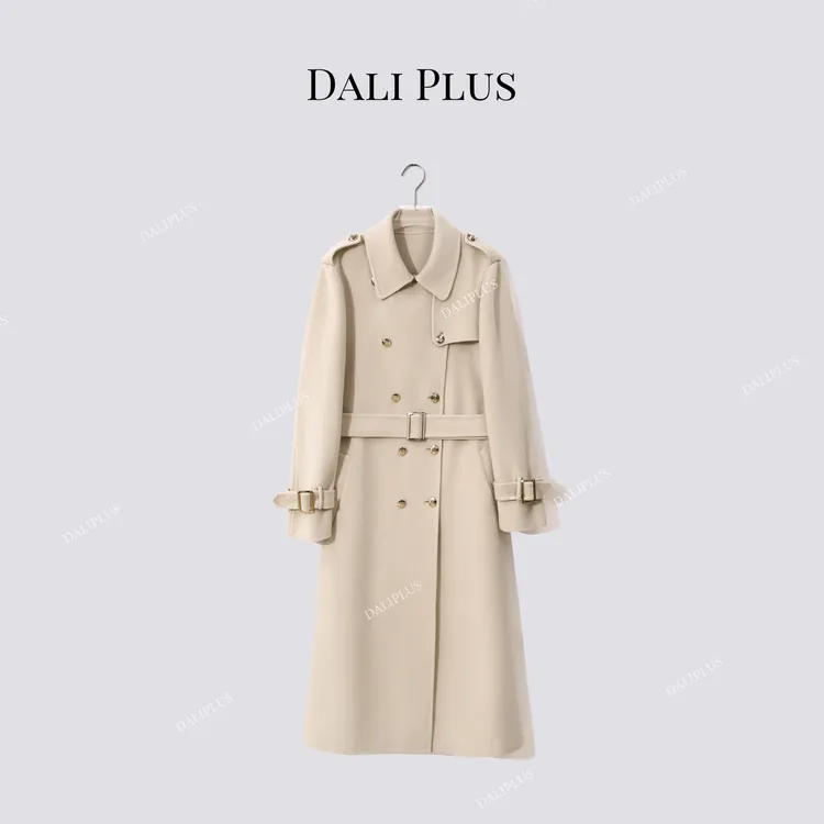 DALI PLUS“羊毛+羊绒”卡其色翻领双排扣双面呢大衣-D5CH4873