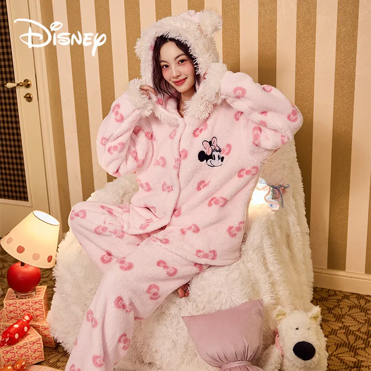 Disney/迪士尼冬季新款加厚蝴蝶结米妮珊瑚绒连帽睡衣家居服套装