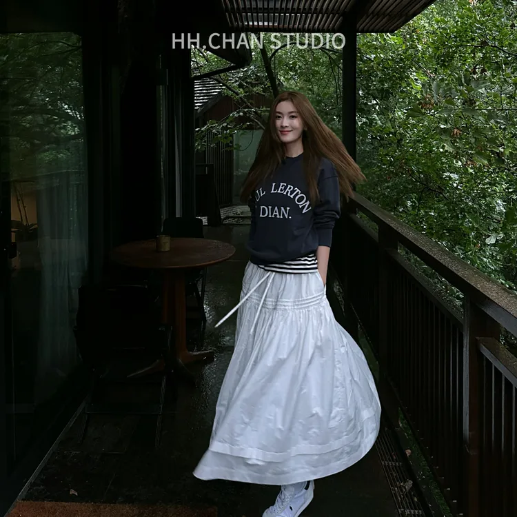 HH.CHAN“浪漫白裙”100%棉松紧腰显瘦百搭白色半身裙HH52B38111
