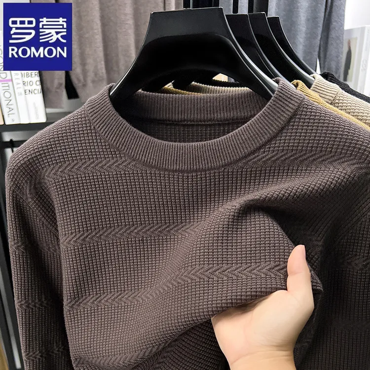 罗蒙纯色简约提花长袖针织衫秋冬季中青年时尚休闲圆领潮流毛衣男