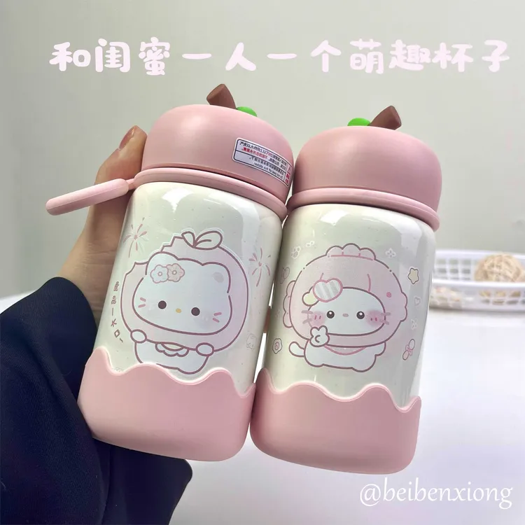 原创苹果小猫保温杯闺蜜款粉色迷你杯子可爱上学自用放包包水杯