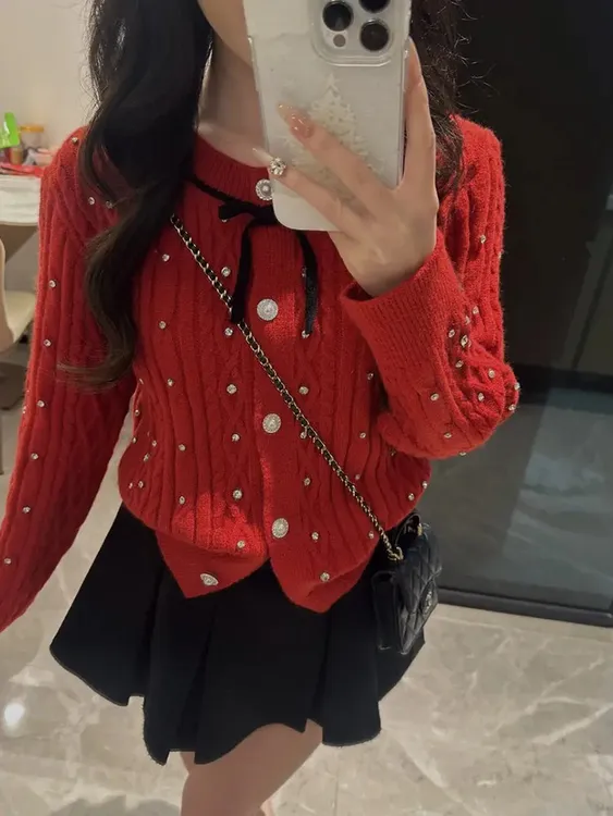 小香风蝴蝶结麻花针织开衫外套女秋冬高级设计感红色甜美气质毛衣