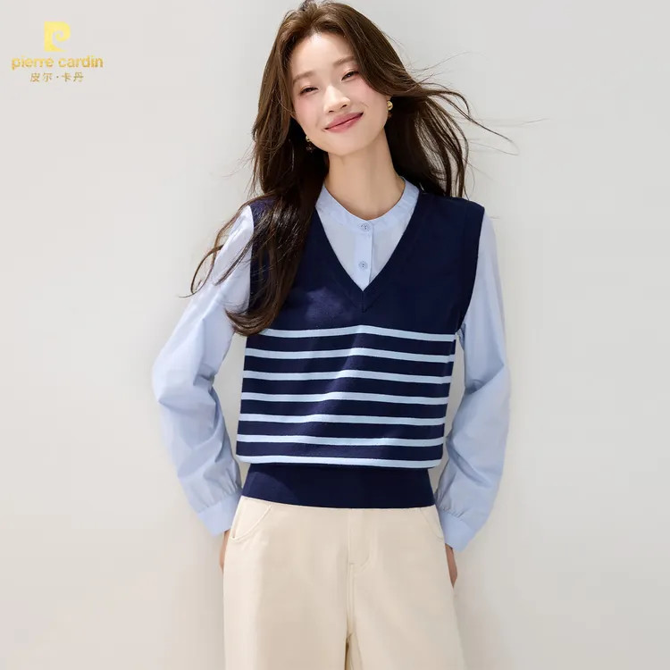 皮尔卡丹秋冬学院风条纹针织马甲拼接长袖衬衫女假两件上衣休闲衬