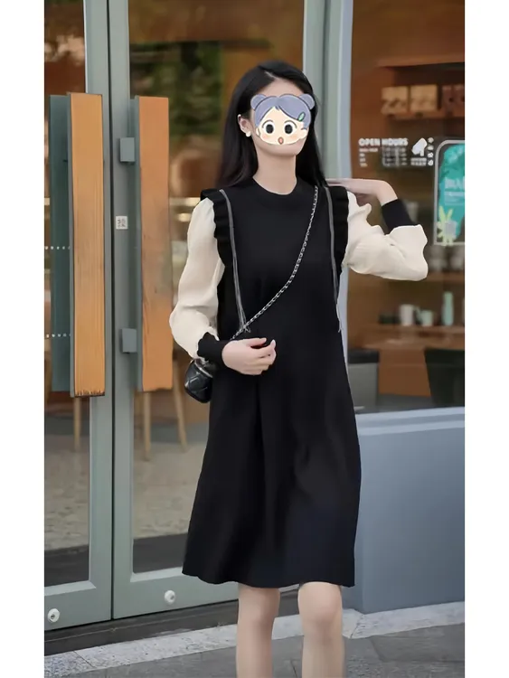 大码法式黑色拼接连衣裙女2025秋季新款时尚优雅气质宽松显瘦裙子
