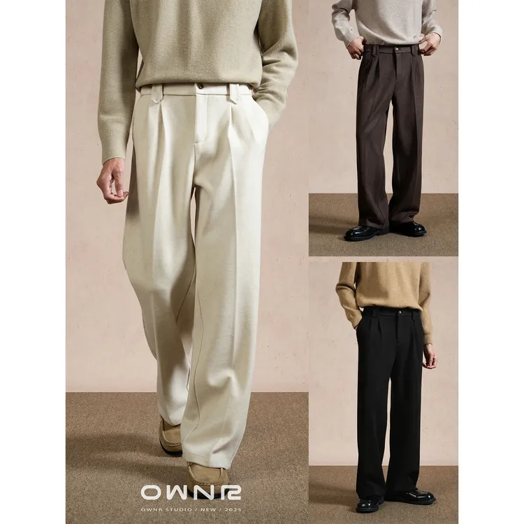 “羊毛混纺”OWNR杏色宽松毛呢休闲裤男2025秋冬垂感老钱保暖西裤