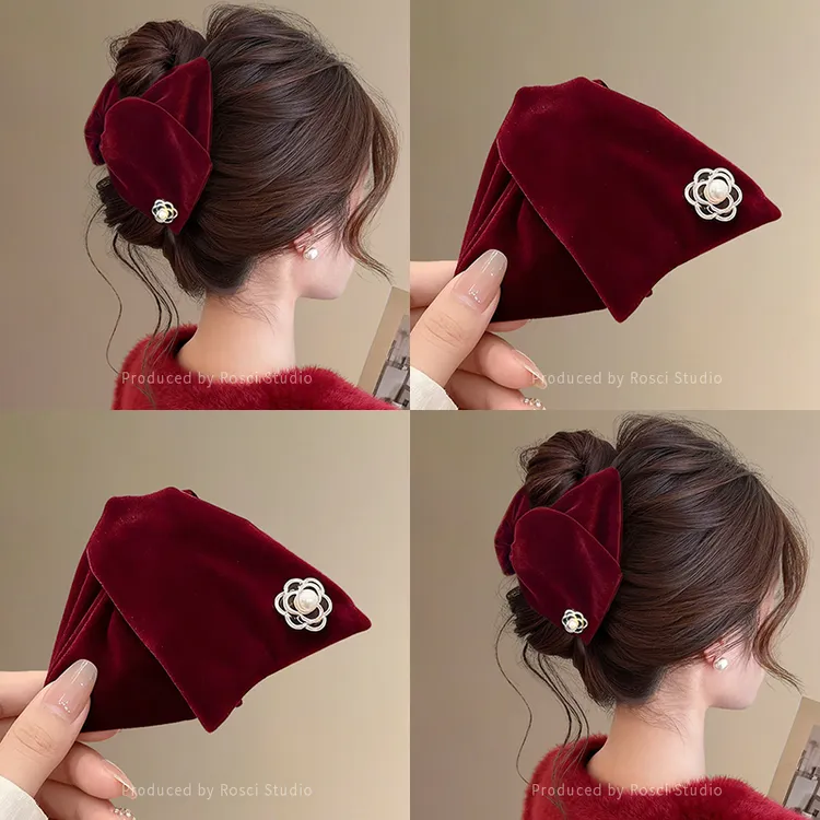 秋冬丝绒三角抓夹女韩系山茶花鲨鱼夹子发量多后脑勺头饰2025新款
