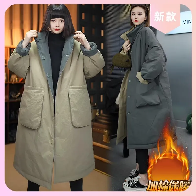 大码女装加棉保暖两面穿棉服中长款设计感大衣秋冬新款棉袄外套潮