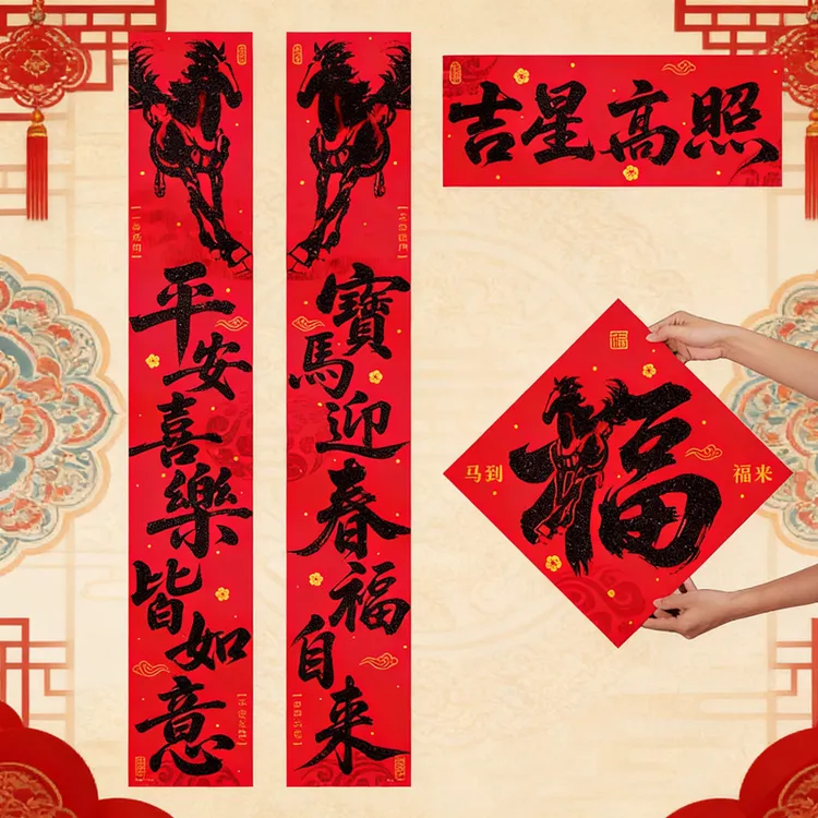 2026[黑马到福来]马年新款春联新年绒布自带背胶春节别墅商铺农村